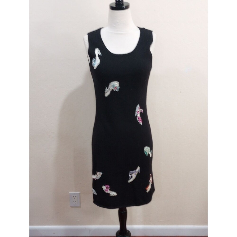 Michael Simon Black Beaded High Heel Shoe Applique Knit Dress, Size PS